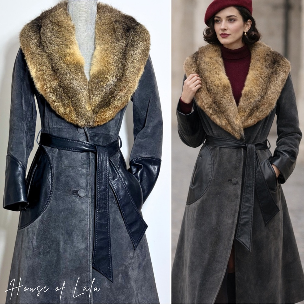 Black Suede, Leather Penny Lane Coat with Fur Collar. Vintage Women's Coat